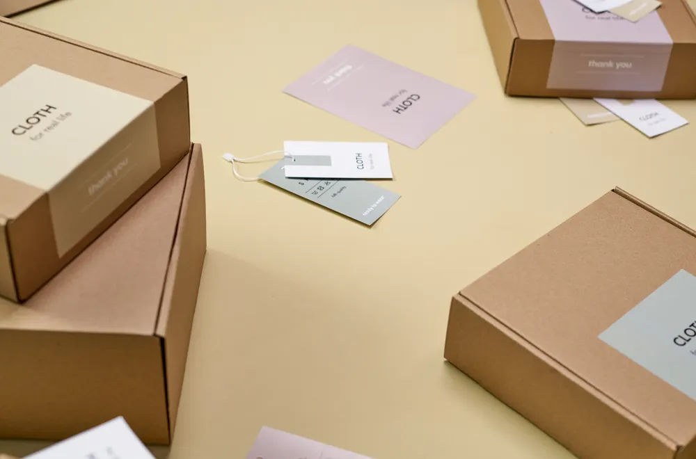 Cardboard packaging boxes with printed labels